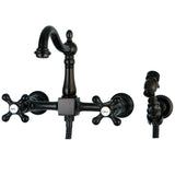Heritage Double-Handle 3-Hole Wall-Mount Bridge Kitchen Faucet with Brass Sprayer