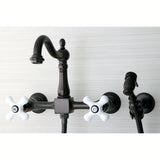 Heritage Double-Handle 3-Hole Wall-Mount Bridge Kitchen Faucet with Brass Sprayer