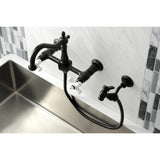 Heritage Double-Handle 3-Hole Wall-Mount Bridge Kitchen Faucet with Brass Sprayer