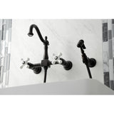 Heritage Double-Handle 3-Hole Wall-Mount Bridge Kitchen Faucet with Brass Sprayer