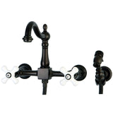 Heritage Double-Handle 3-Hole Wall-Mount Bridge Kitchen Faucet with Brass Sprayer
