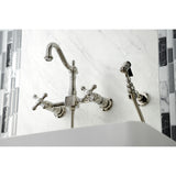 Heritage Double-Handle 3-Hole Wall-Mount Bridge Kitchen Faucet with Brass Sprayer