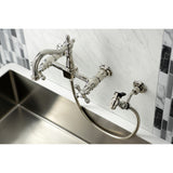 Heritage Double-Handle 3-Hole Wall-Mount Bridge Kitchen Faucet with Brass Sprayer