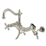 Heritage Double-Handle 3-Hole Wall-Mount Bridge Kitchen Faucet with Brass Sprayer