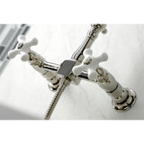 Heritage Double-Handle 3-Hole Wall-Mount Bridge Kitchen Faucet with Brass Sprayer