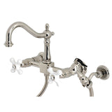 Heritage Double-Handle 3-Hole Wall-Mount Bridge Kitchen Faucet with Brass Sprayer