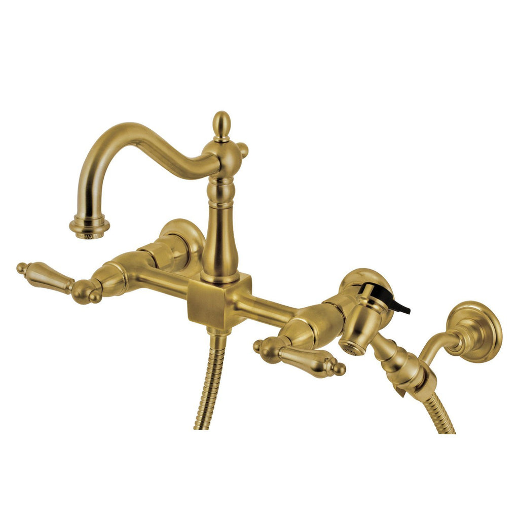 Heritage Two-Handle 2-Hole Wall Mount Bridge Kitchen Faucet with Brass Sprayer