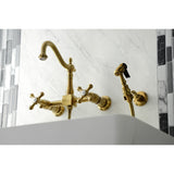 Heritage Double-Handle 3-Hole Wall-Mount Bridge Kitchen Faucet with Brass Sprayer