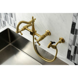 Heritage Double-Handle 3-Hole Wall-Mount Bridge Kitchen Faucet with Brass Sprayer