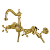 Heritage Double-Handle 3-Hole Wall-Mount Bridge Kitchen Faucet with Brass Sprayer