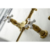 Heritage Double-Handle 3-Hole Wall-Mount Bridge Kitchen Faucet with Brass Sprayer
