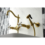 Heritage Double-Handle 3-Hole Wall-Mount Bridge Kitchen Faucet with Brass Sprayer