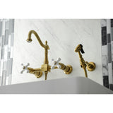 Heritage Double-Handle 3-Hole Wall-Mount Bridge Kitchen Faucet with Brass Sprayer