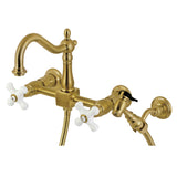Heritage Double-Handle 3-Hole Wall-Mount Bridge Kitchen Faucet with Brass Sprayer