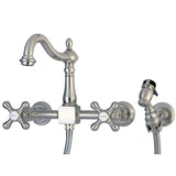 Heritage Double-Handle 3-Hole Wall-Mount Bridge Kitchen Faucet with Brass Sprayer
