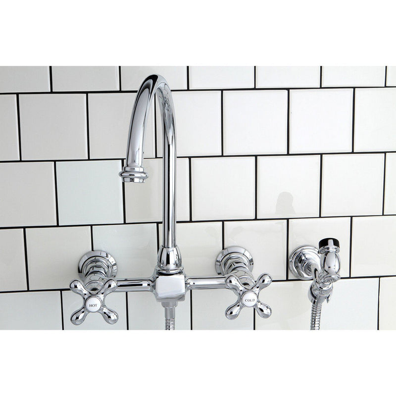 Restoration Double-Handle 3-Hole Wall-Mount Bridge Kitchen Faucet with Brass Sprayer