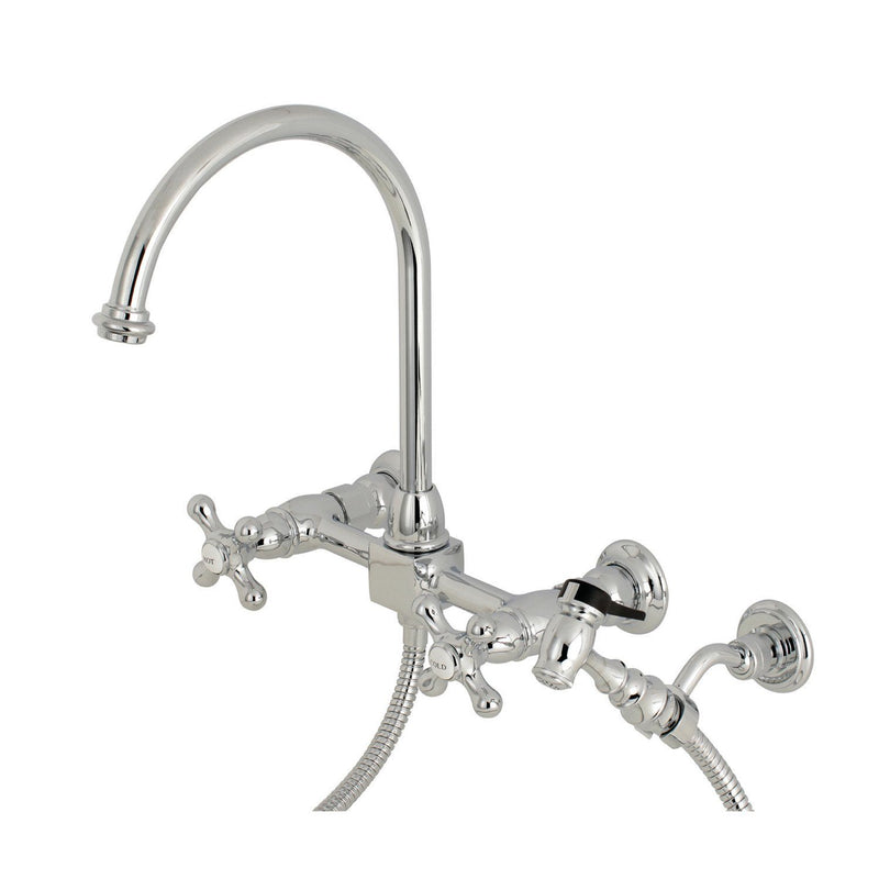 Restoration Double-Handle 3-Hole Wall-Mount Bridge Kitchen Faucet with Brass Sprayer