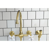 Restoration Two-Handle 2-Hole Wall Mount Bridge Kitchen Faucet with Brass Sprayer