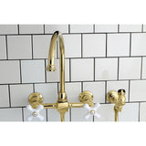 Restoration Double-Handle 3-Hole Wall-Mount Bridge Kitchen Faucet with Brass Sprayer