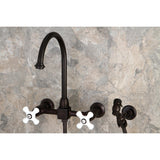 Restoration Two-Handle 2-Hole Wall Mount Bridge Kitchen Faucet with Brass Sprayer