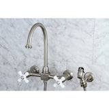 Restoration Two-Handle 2-Hole Wall Mount Bridge Kitchen Faucet with Brass Sprayer