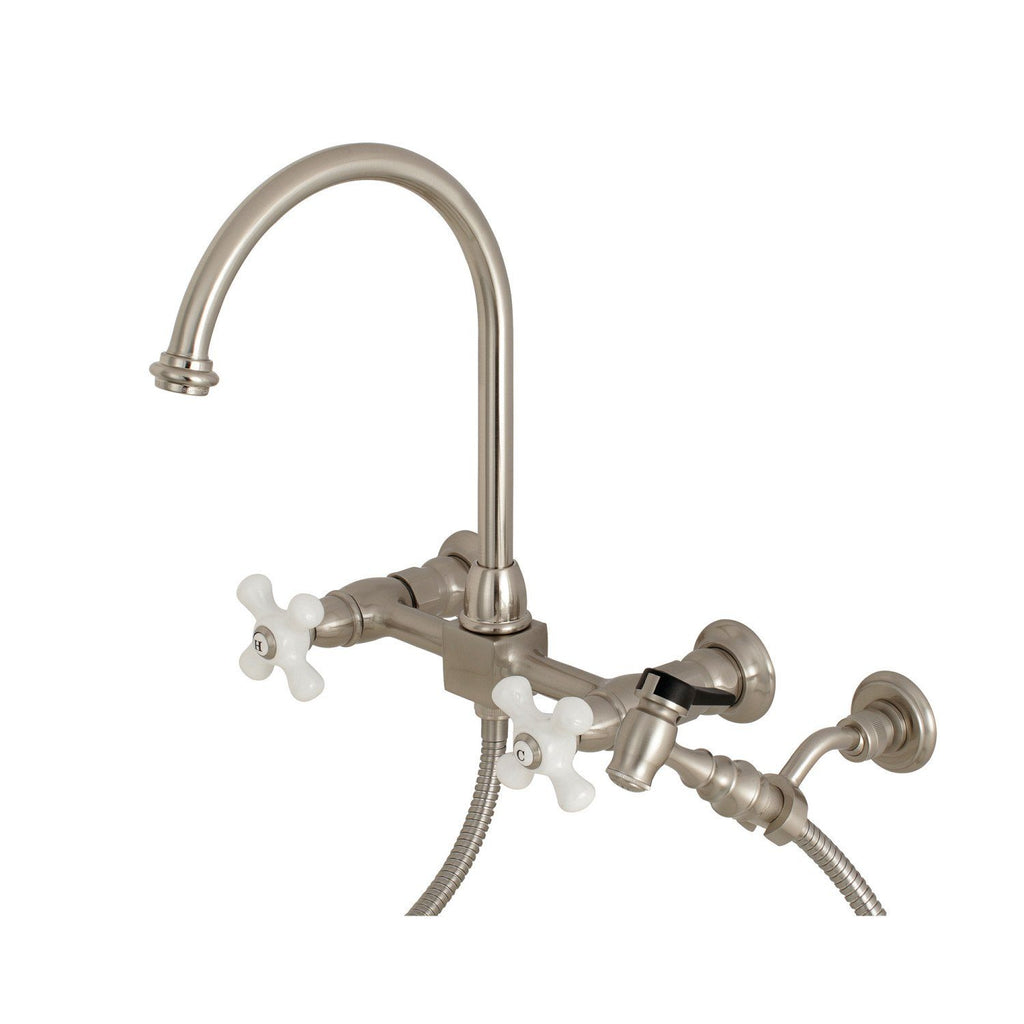 Restoration Two-Handle 2-Hole Wall Mount Bridge Kitchen Faucet with Brass Sprayer