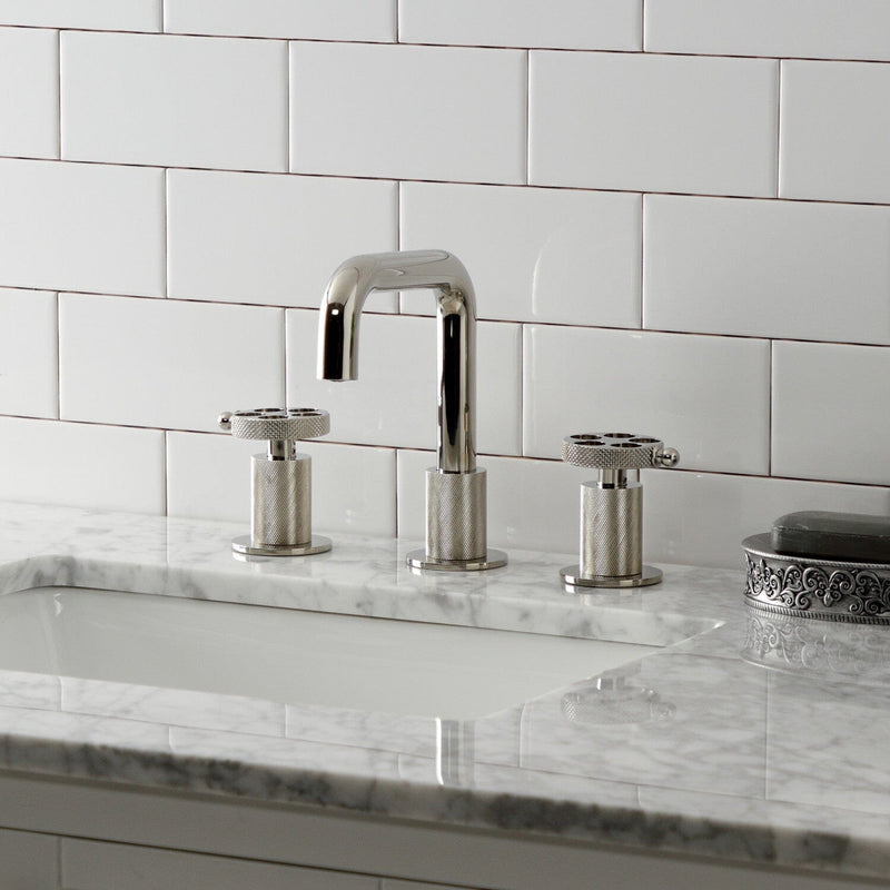 Webb Two-Handle 3-Hole Deck Mount Widespread Bathroom Faucet with Knurled Handle and Push Pop-Up Drain