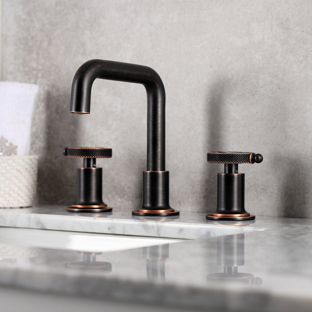 Webb Two-Handle 3-Hole Deck Mount Widespread Bathroom Faucet with Knurled Handle and Push Pop-Up Drain