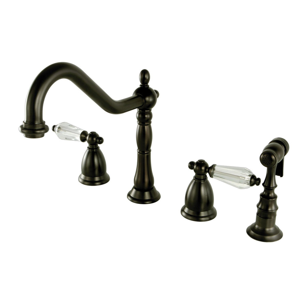Wilshire Two-Handle 4-Hole Deck Mount Widespread Kitchen Faucet with Brass Sprayer