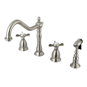 Essex Two-Handle 4-Hole Deck Mount Widespread Kitchen Faucet with Brass Sprayer