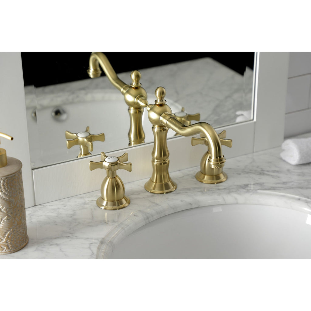 Hamilton Two-Handle 3-Hole Deck Mount Widespread Bathroom Faucet with Brass Pop-Up