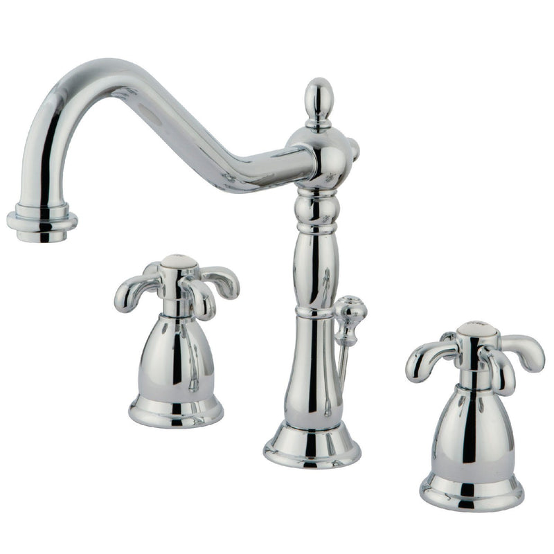 French Country Two-Handle 3-Hole Deck Mount Widespread Bathroom Faucet with Brass Pop-Up