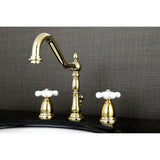 Heritage Two-Handle 3-Hole Deck Mount Widespread Bathroom Faucet with Brass Pop-Up Drain