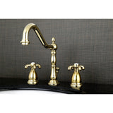 French Country Two-Handle 3-Hole Deck Mount Widespread Bathroom Faucet with Brass Pop-Up Drain