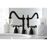 French Country Two-Handle 3-Hole Deck Mount Widespread Bathroom Faucet with Brass Pop-Up Drain