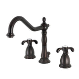 French Country Two-Handle 3-Hole Deck Mount Widespread Bathroom Faucet with Brass Pop-Up Drain