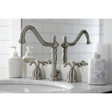French Country Two-Handle 3-Hole Deck Mount Widespread Bathroom Faucet with Brass Pop-Up Drain