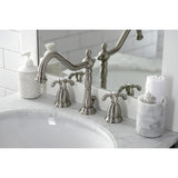 French Country Two-Handle 3-Hole Deck Mount Widespread Bathroom Faucet with Brass Pop-Up Drain
