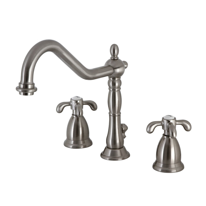 French Country Two-Handle 3-Hole Deck Mount Widespread Bathroom Faucet with Brass Pop-Up