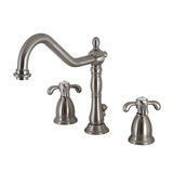 French Country Two-Handle 3-Hole Deck Mount Widespread Bathroom Faucet with Brass Pop-Up Drain