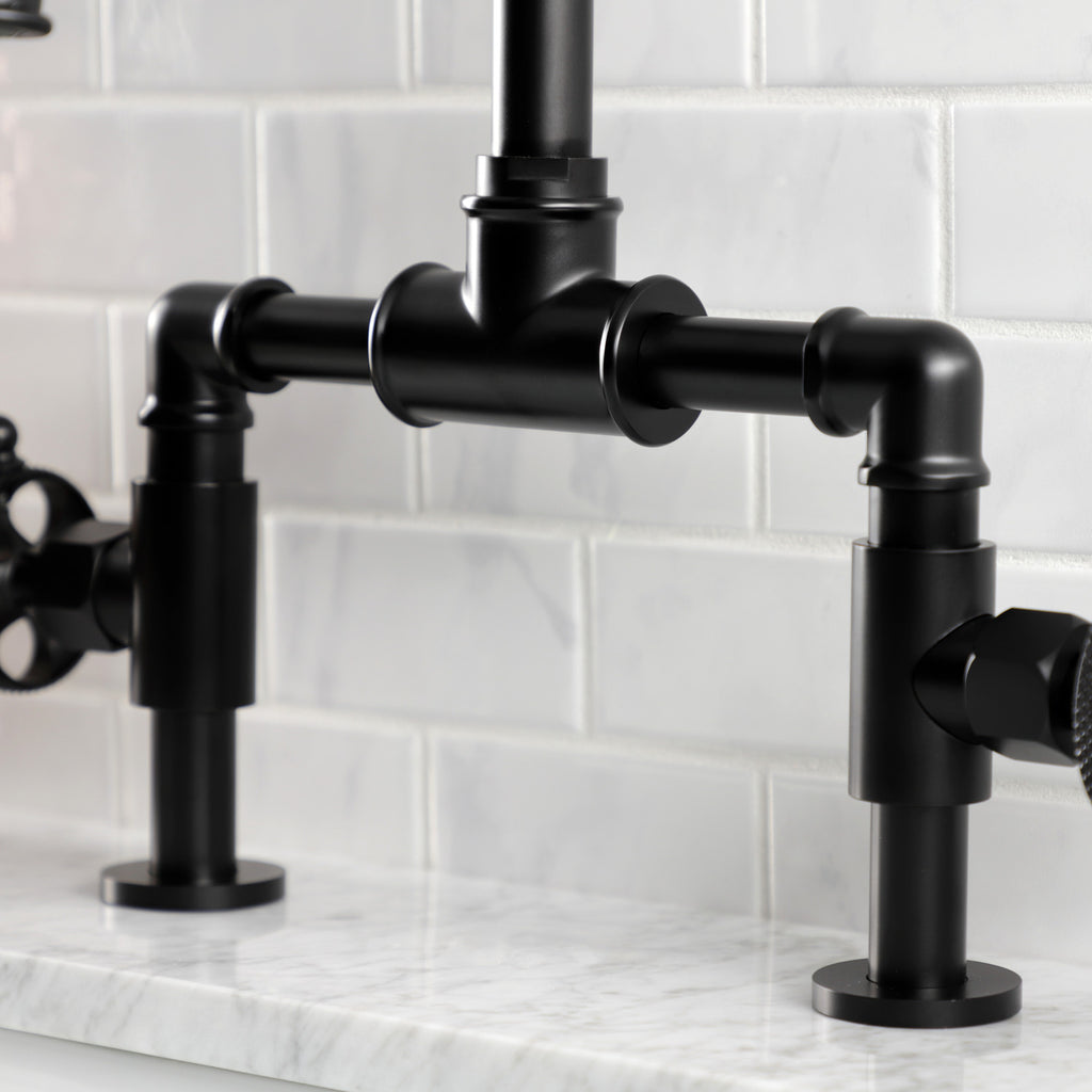 Webb Two-Handle 2-Hole Deck Mount Bridge Bathroom Faucet with Pop-Up Drain