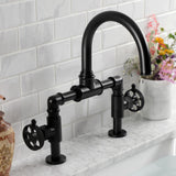 Webb Two-Handle 2-Hole Deck Mount Bridge Bathroom Faucet with Knurled Handle and Push Pop-Up Drain