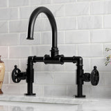 Webb Two-Handle 2-Hole Deck Mount Bridge Bathroom Faucet with Knurled Handle and Push Pop-Up Drain