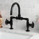 Webb Two-Handle 2-Hole Deck Mount Bridge Bathroom Faucet with Knurled Handle and Push Pop-Up Drain