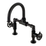 Webb Two-Handle 2-Hole Deck Mount Bridge Bathroom Faucet with Knurled Handle and Push Pop-Up Drain