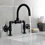 Belknap Two-Handle 2-Hole Deck Mount Bridge Bathroom Faucet with Push Pop-Up Drain