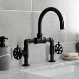 Belknap Two-Handle 2-Hole Deck Mount Bridge Bathroom Faucet with Push Pop-Up Drain