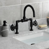 Belknap Two-Handle 2-Hole Deck Mount Bridge Bathroom Faucet with Push Pop-Up Drain
