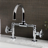 Webb Two-Handle 2-Hole Deck Mount Bridge Bathroom Faucet with Knurled Handle and Push Pop-Up Drain