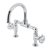 Webb Two-Handle 2-Hole Deck Mount Bridge Bathroom Faucet with Knurled Handle and Push Pop-Up Drain